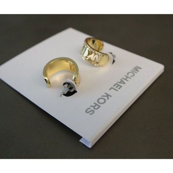 Michael Kors MKJ8007710 Gold Tone MK Logo Pavé Crystals Chunky C Hoop Earrings - Picture 2 of 8